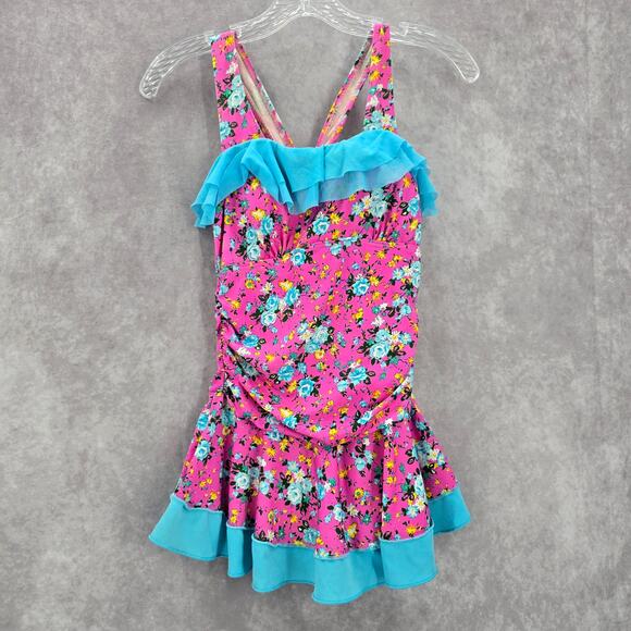 Pink Blue Floral Skort One Piece Ruffle Swim Junior Youth Boho Skirt Girls 16 - Picture 1 of 6